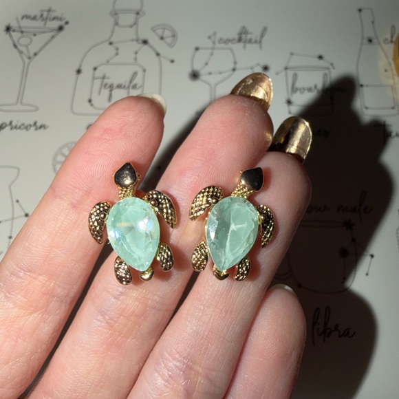 True To Form Jewelry - Sea Turtle Statement Earrings Hand Painted Aqua CZ  Gold Toned Fashion Jewelry
